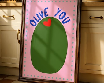 Olive You Kitchen Print - Fun Colourful Wall Art - Pink and green prints