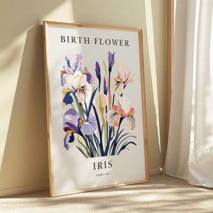 Impresión del mes de nacimiento, impresión de cumpleaños, impresión de flores de nacimiento, impresiones de flores, regalos considerados, arte de pared lindo, impresión de iris, impresión violeta, febrero