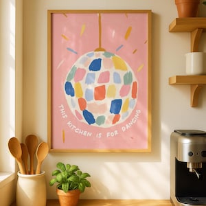 Deze keuken is om te dansen Print - Funky Kitchen Wall Art - roze prints