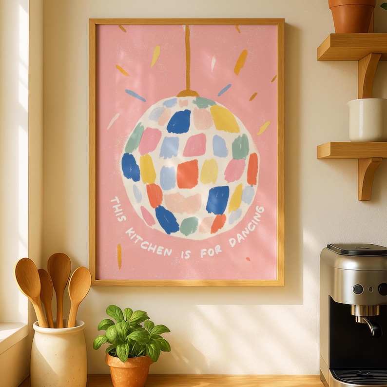 kitchen wall art set of 6 fun foodie prints this... This Kitchen is for Dancing Print - Funky Kitchen Wall Art - Pink ...