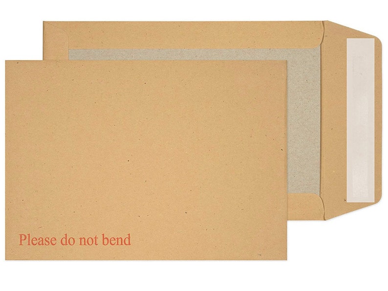 May include: Two open brown cardboard envelopes with a light brown interior. The front envelope has the text "Please do not bend" in red. One envelope is sealed with a white adhesive strip.