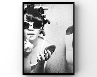 Funny Bathroom Art Print: Drunk Girl Makeup, Black & White Decor