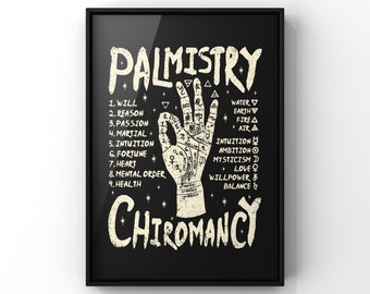 Palmistry prints, chiromancy decor, black wall art, gothic decor, black and white prints, alternative prints, emo decor, palmistry art,