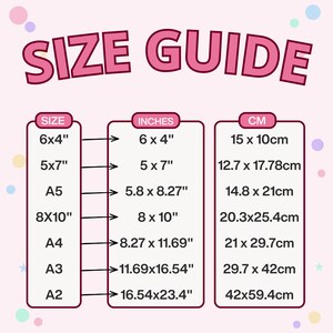 A pink graphic titled "SIZE GUIDE" with a table showing print sizes in inches and centimeters, with arrows pointing from size to dimensions.