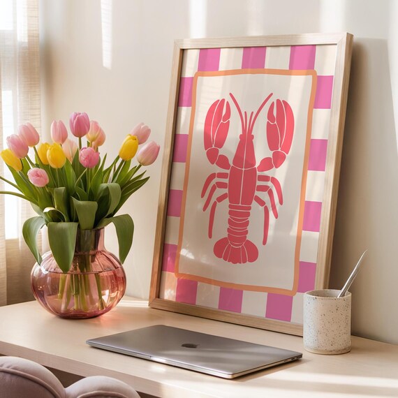 lobster prints - colourful poster - Colourful Hallway Welcome Art - pink wall art
