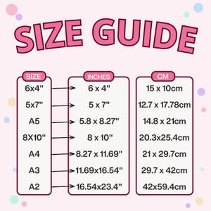 Puede incluir: Una tabla de gu&iacute;a de tallas rosa con el texto SIZE GUIDE en la parte superior. Enumera dimensiones en pulgadas y cent&iacute;metros para varios formatos como 6x4, 5x7, A5, 8x10, A4, A3 y A2, con flechas que conectan las etiquetas con sus medidas.