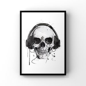 Impresión de calavera, decoración de calavera, arte de pared de calavera, decoración gótica, impresiones en blanco y negro, impresiones de acuarela, impresiones de bocetos, arte de pared musical, esqueleto