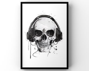 Skull print, skull decor, skull wall art, gothic decor, black and white prints, watercolour prints, sketch prints, music wall art