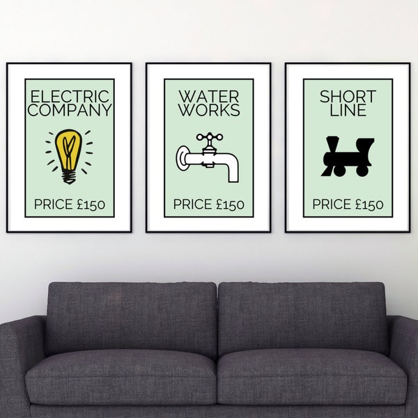 Fun wall art, quirky wall art, water works, electric company, board game wall art, set of posters, new home gift, home decor print poster