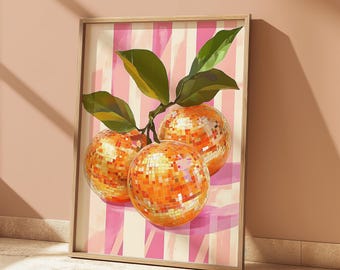 Lámina con diseño de bola de discoteca naranja / Arte para pared de galería / Decoración colorida para la cocina / Arte de pared ecléctico