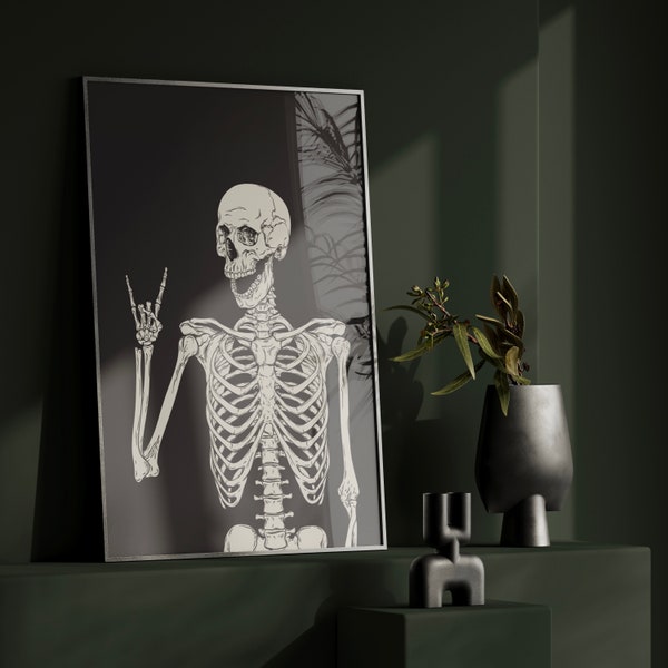 Impresión artística de esqueleto de calavera: decoración emo gótica