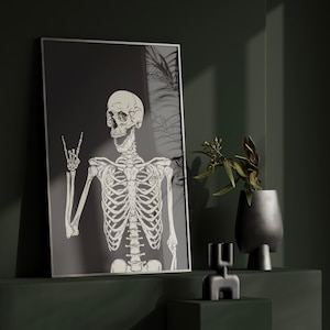 Skull Skeleton Art Print | Gothic Emo Decor | Black Accessories | Quirky Home Poster