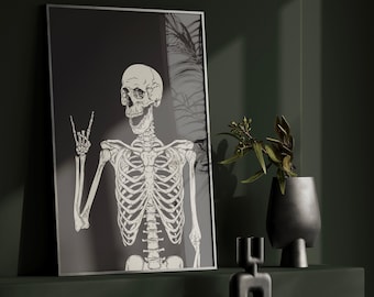 Skull Skeleton Art Print | Gothic Emo Decor | Black Accessories | Quirky Home Poster