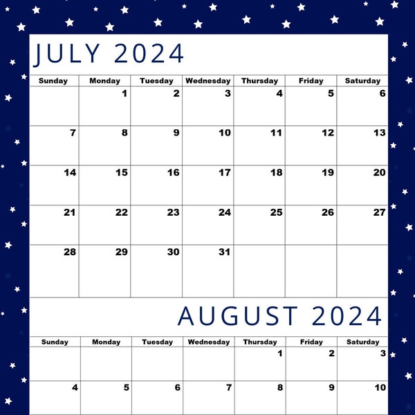 Calendrier juillet 2024, août 2024 imprimable, calendrier bleu marine cool, deux mois une page, calendrier rapide, format A4, PDF, numérique, GRATUIT