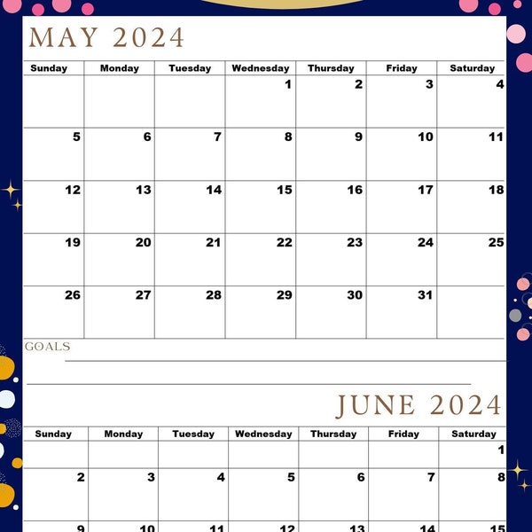 May 2024 Calendar,June 2024 Calendar,May June 2024 Calendar,A4 size,PDF,Digital Download, Spring 2024 Calendar