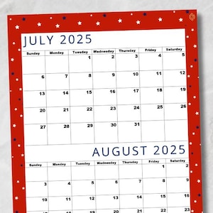 Editable July 2025 to August 2025 Calendar,Sunday Start,Printable and Fillable PDF, Instant Download,Lovely Red