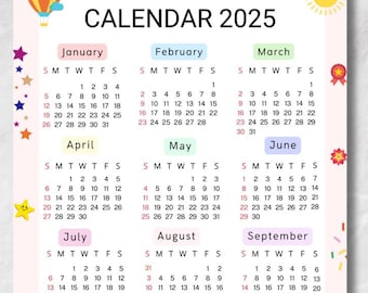 Printable 2025 Calendar-Full Year on One Page-A4 PDF Download, Sunday Start, Colorful Yearly planner