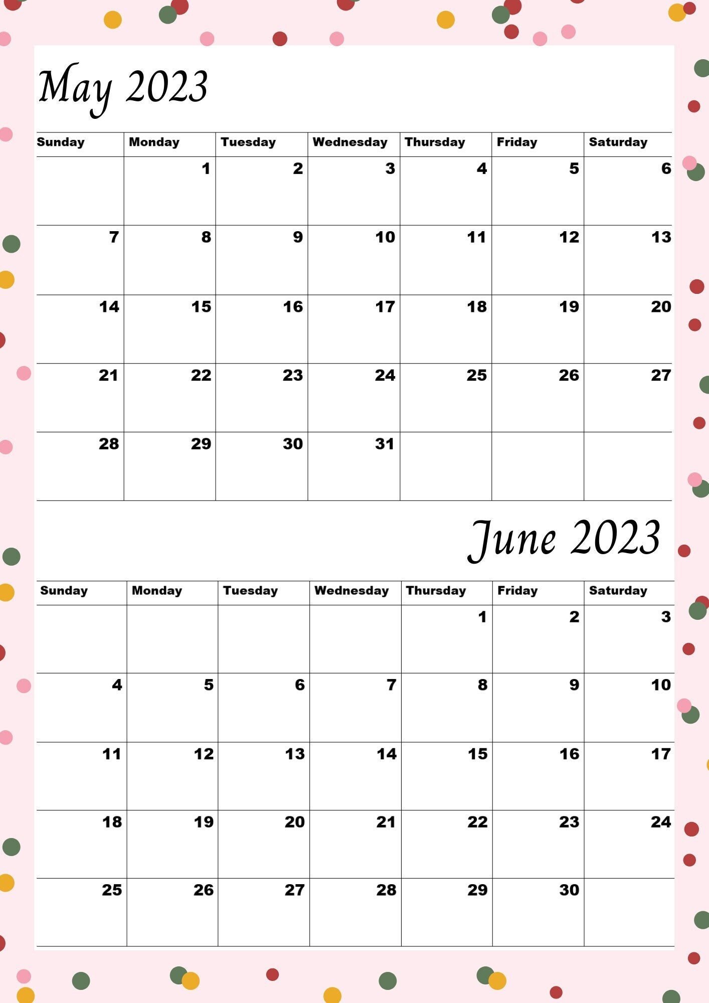 May 2023 Calendarjune 2023 Calendar2023 Monthly - Etsy Israel