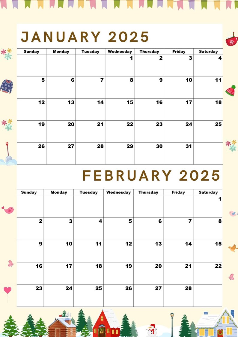 Calendar for January 2025 and February 2025,2025 Calendar,monthly