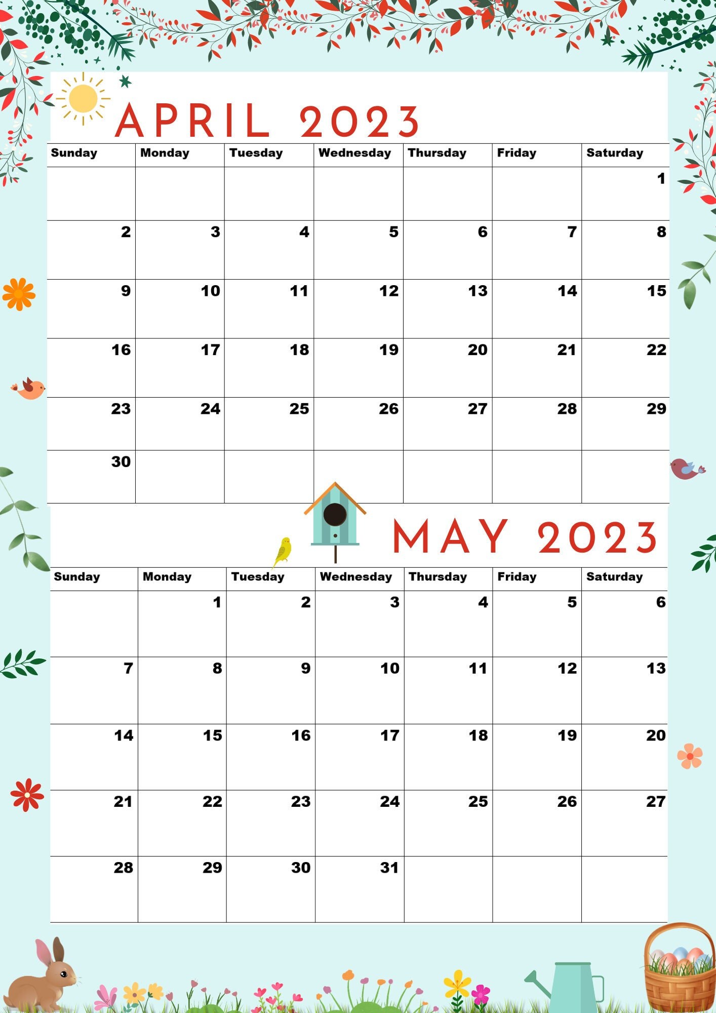 April 2023 Calendar May 2023 Calendara4 Sizedigital Etsy