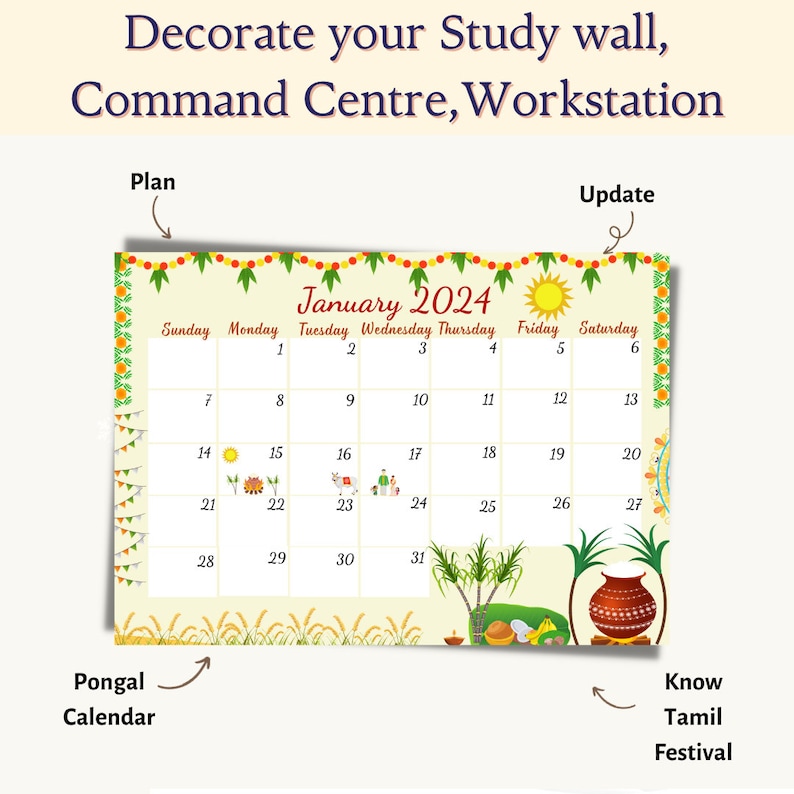 January 2024 Calendar, Jan 2024 Calendar, Thai Pongal 2024 Calendar,a4