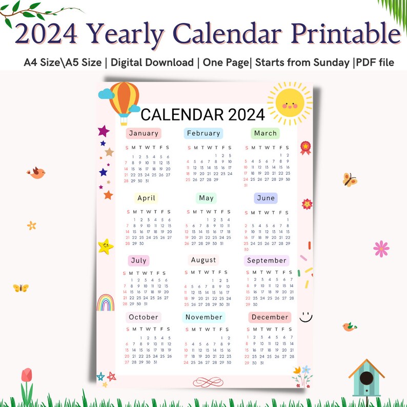 Cute 2024 Calendarcolorful 2024 One Page Yearly (Instant Download) Etsy