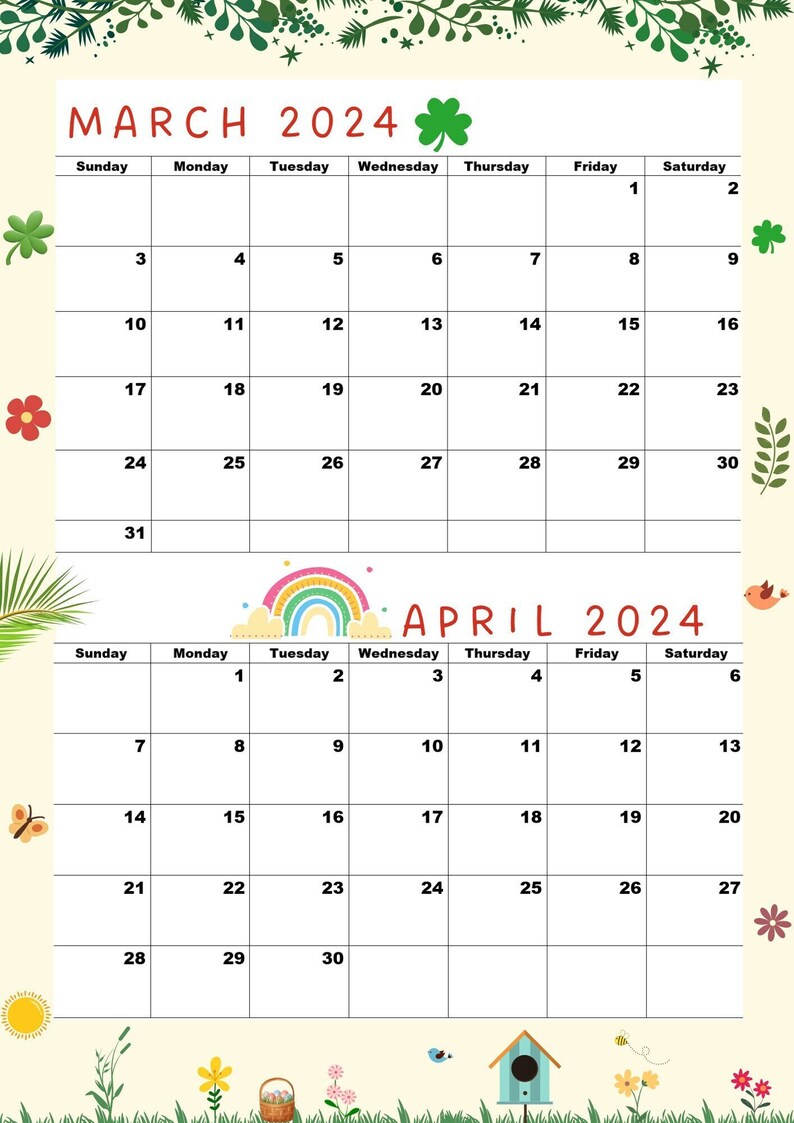 Buy March 2024 Calendar, April 2024 Calendar Printable,mar 2024 Apr ...