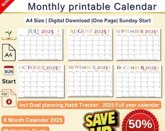 Printable 2025 July to December Blank calendar | A4 Monthly & Yearly Template| Sunday Start| Landscape layout PDF download