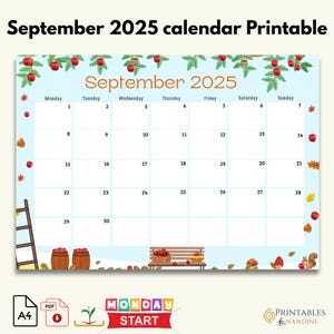 September 2025 Calendar printable - Monday Start- A4 Fillable PDF | Instant Download|FREE Meal Planner PDF