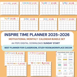 Inspire Time Planner 2025- 2026 | Sep 2025- Aug 2026 Motivational calendar|A4Landscape PDF | Sunday Start| Digital download