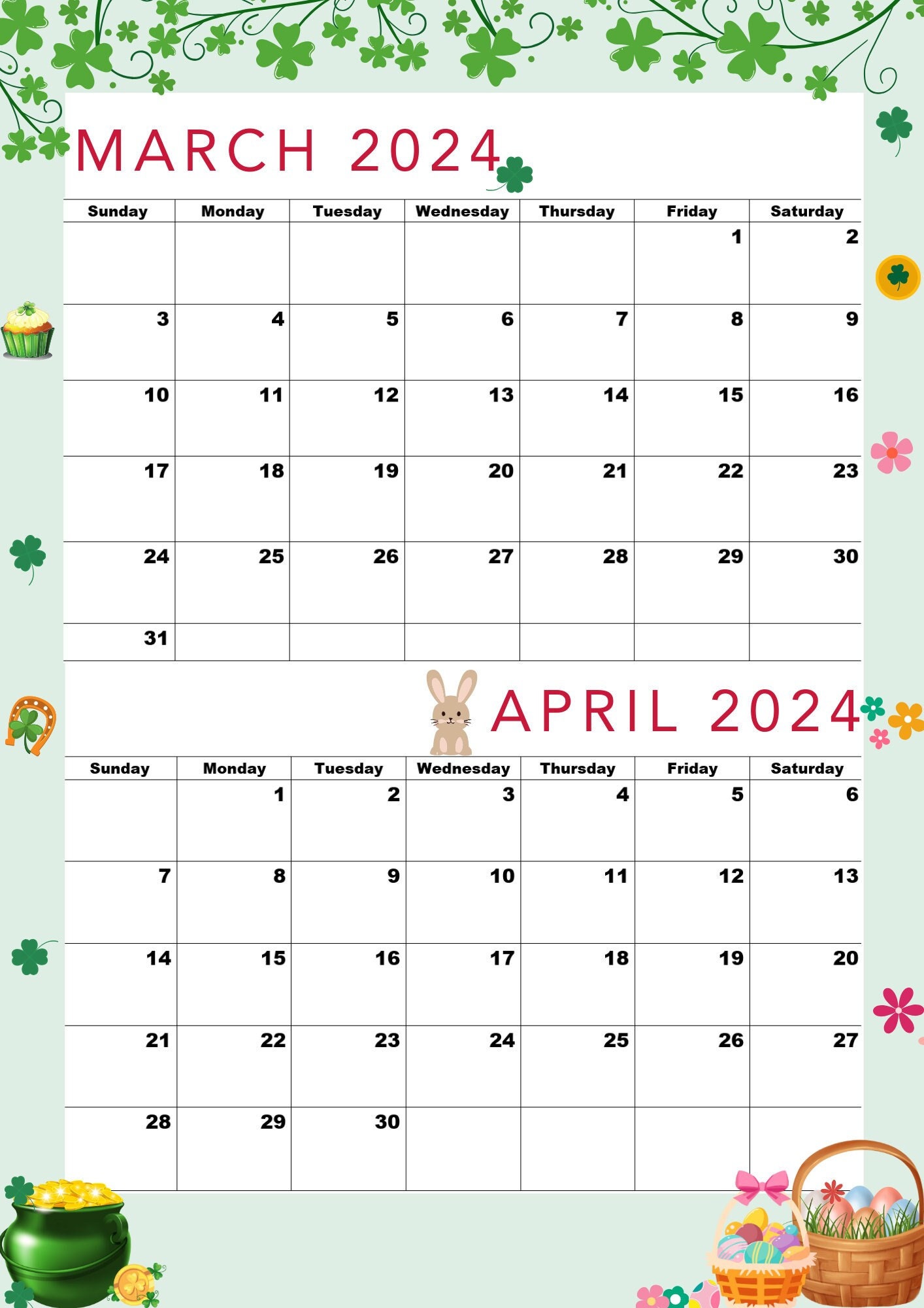 March 2024 Calendar,april 2024 Calendar Printable,creamy Seasons, March  2024 April 2024,A4 Size, Digital,march April Calendar - Etsy