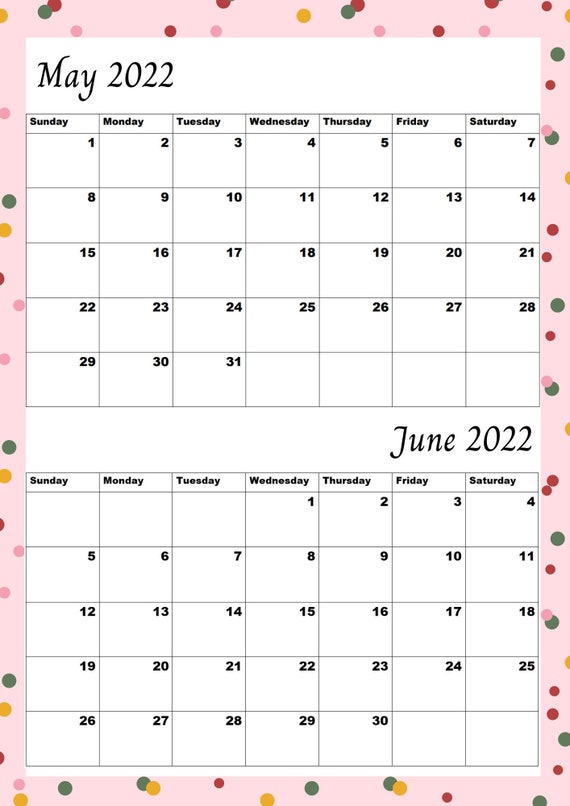 may 2022 june 2022 printable monthly calendar a4 digital etsy india