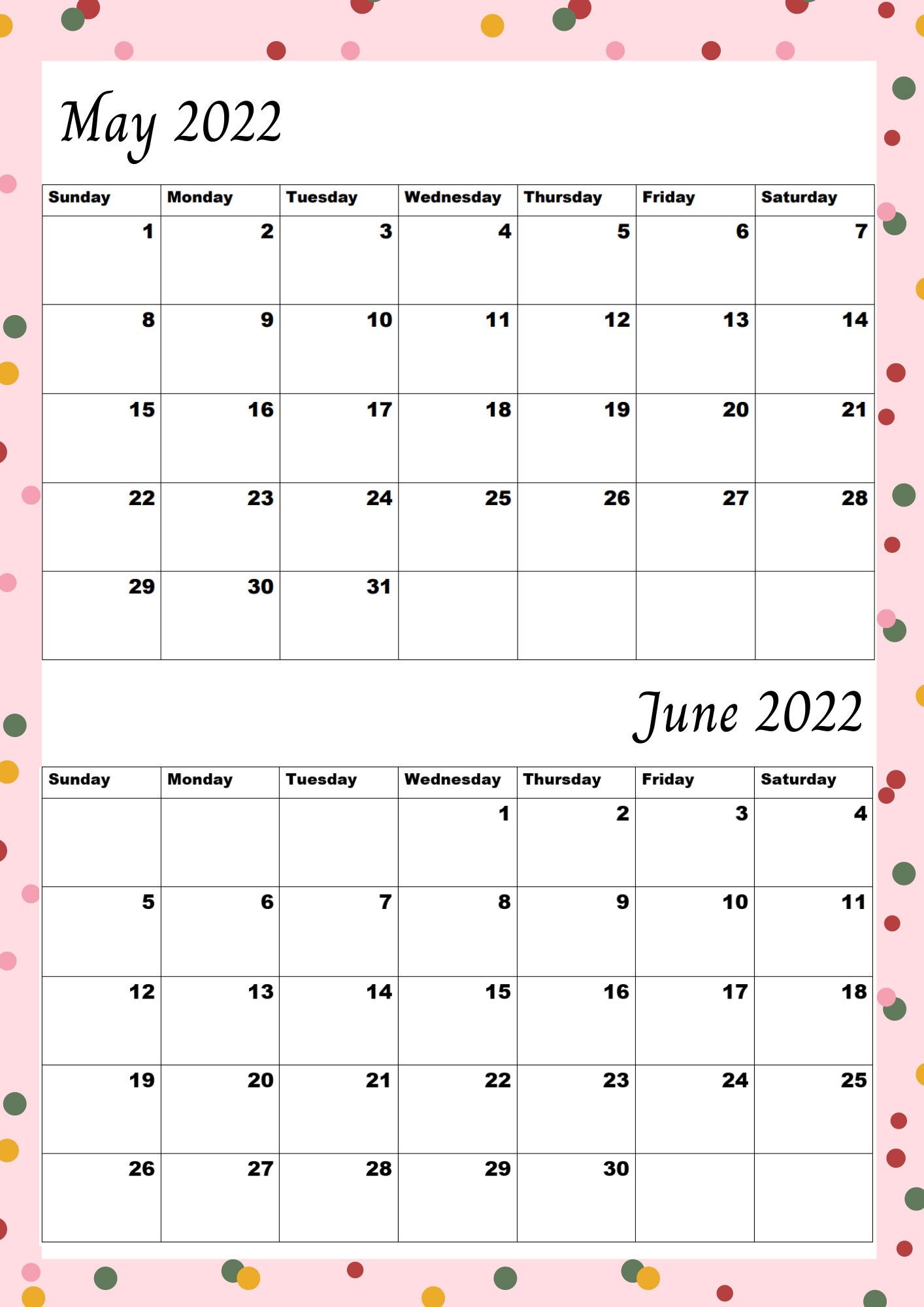 may 2022 june 2022 printable monthly calendar a4 digital etsy