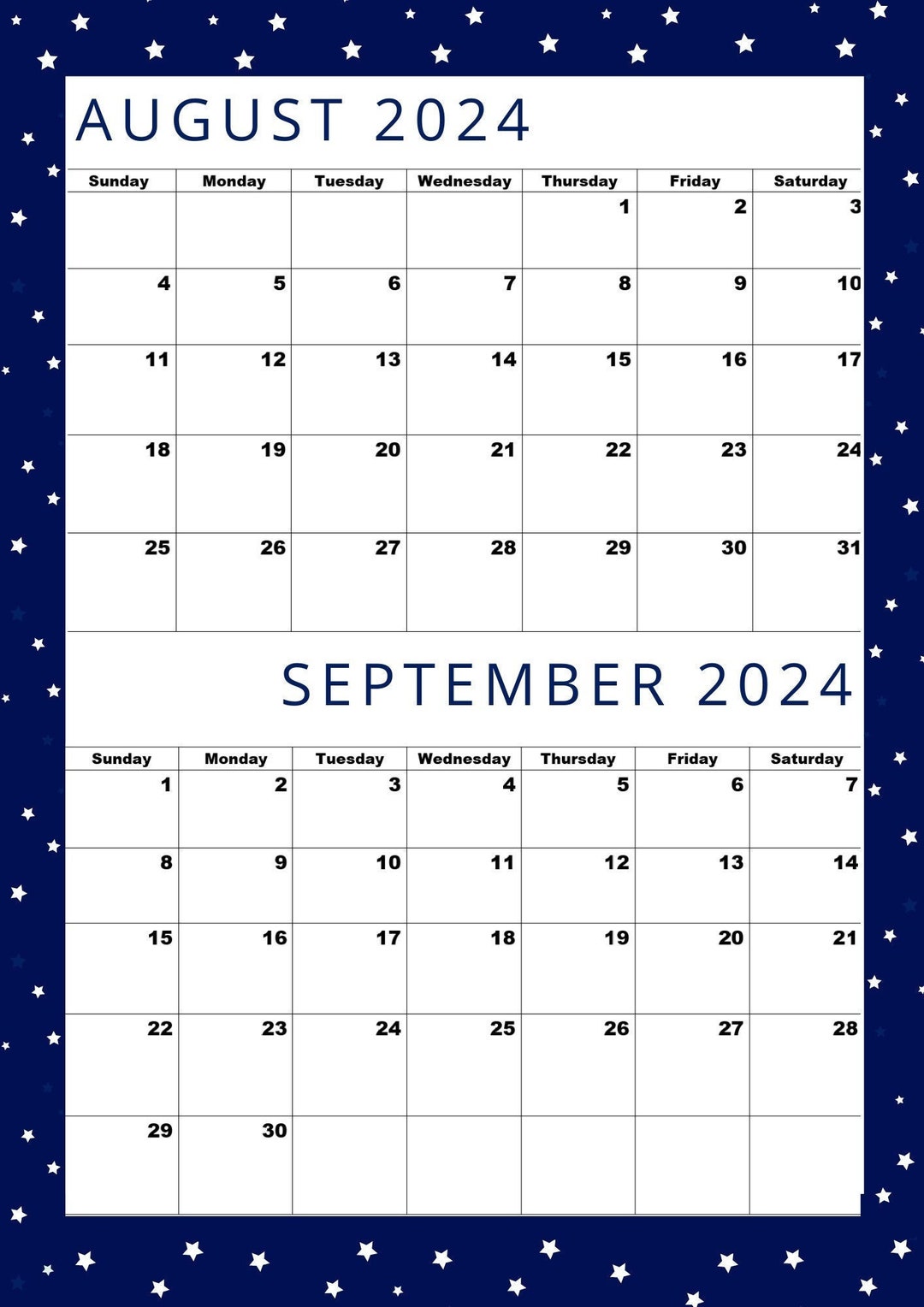 August September Calendar Printable
