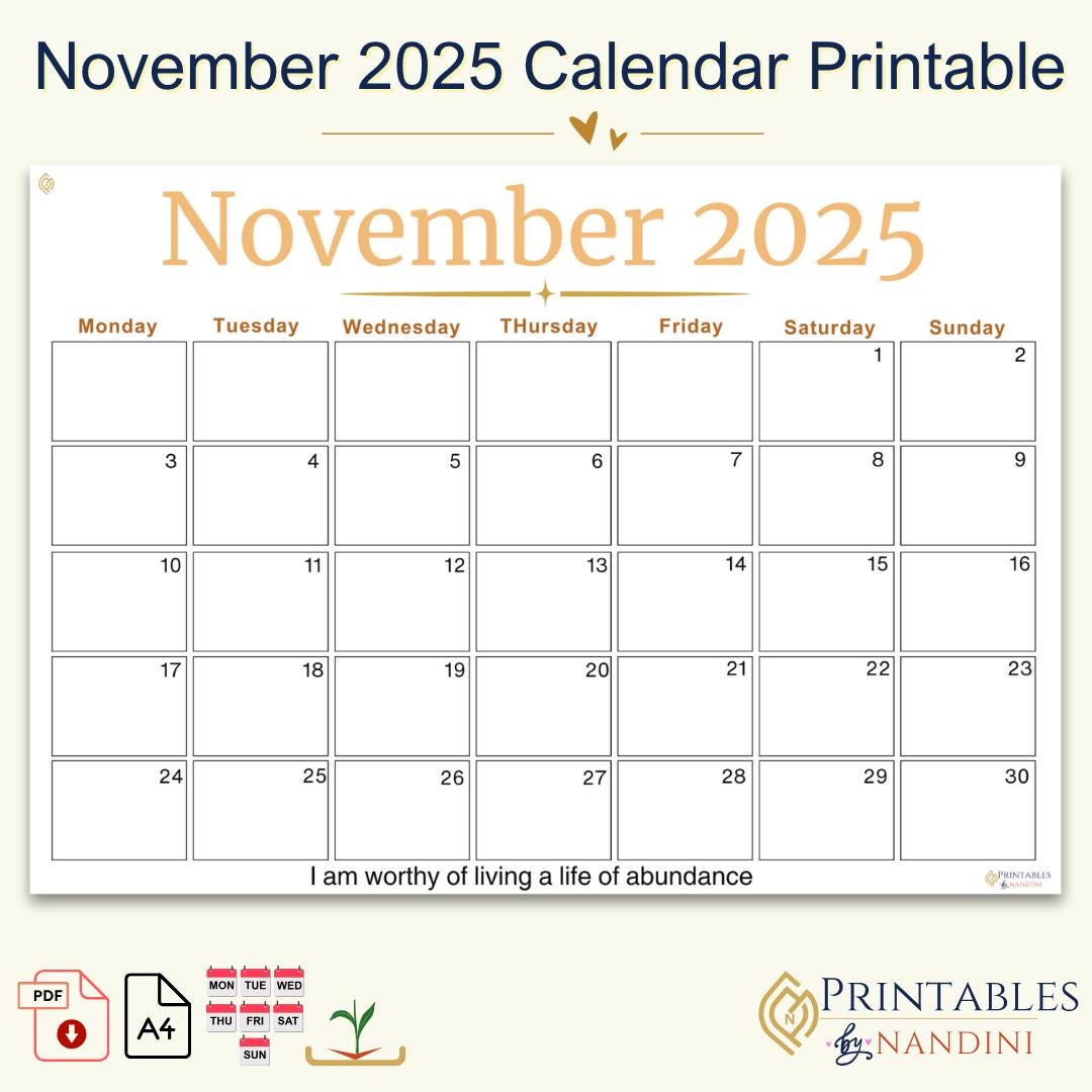 Fillable November Calendar 2025 Monday Start Printable PDF Template,a4 ...