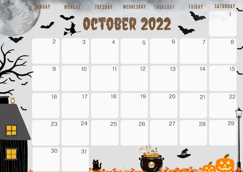 Printable October 2022 Calendar October Calendarhalloween Etsy