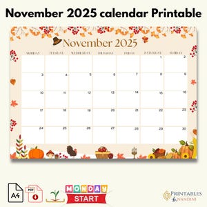 2025 November calendar Printable PDF| Thanksgiving 2025 wall decor| Monday Start | A4 PDF, Instant Download