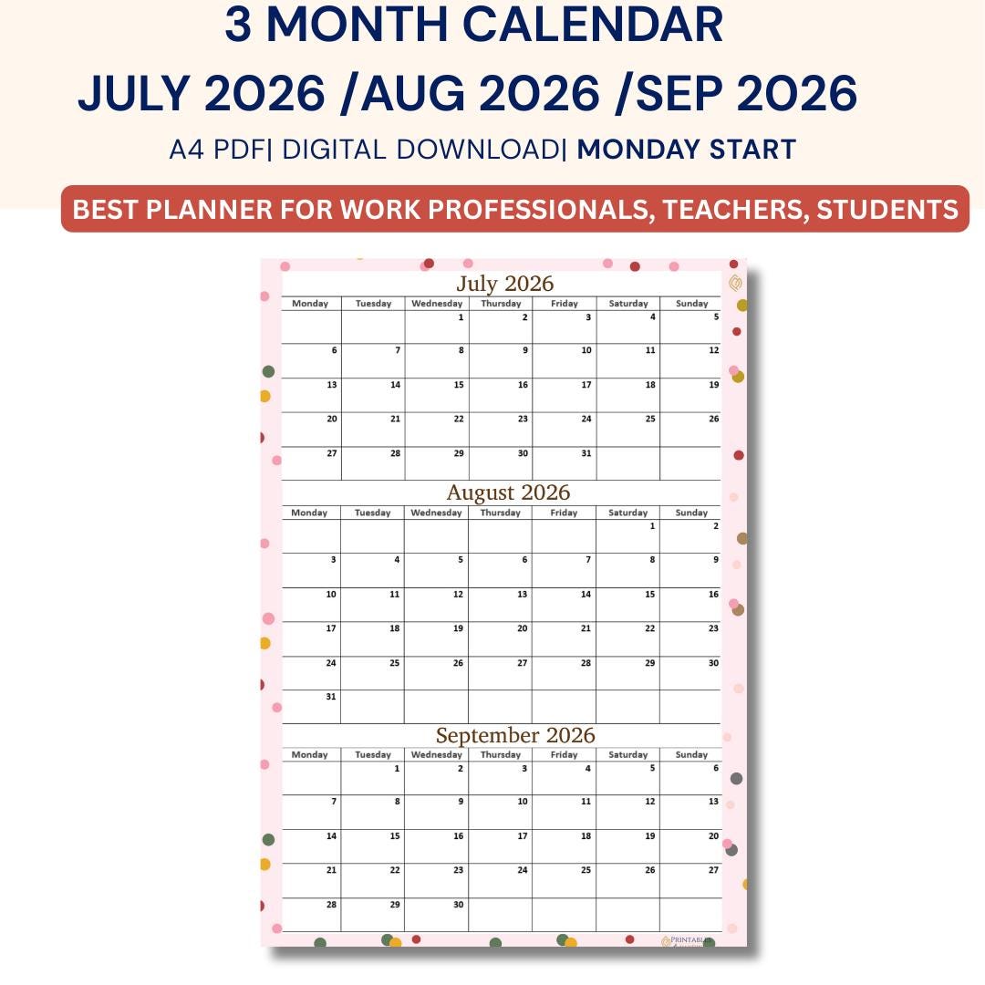 July August September 3 Month Printable Calendar,a4 PDF ...
