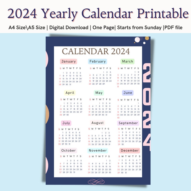 2024 Single Page Calendar, 2024 Year Calendar,a4 Size A5 Size, Digital