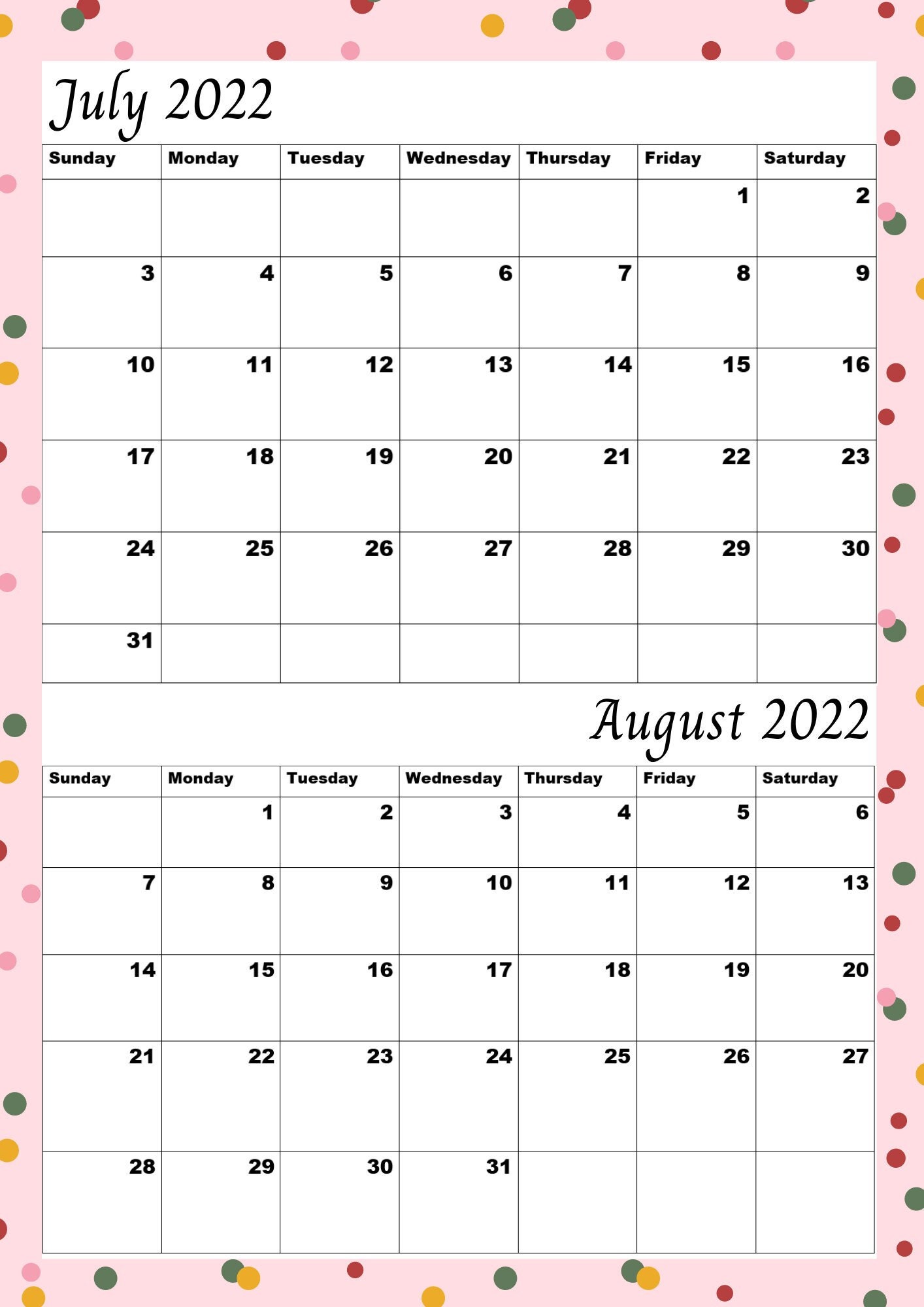 july 2022 august 2022 printable monthly calendar a4 digital etsy new zealand