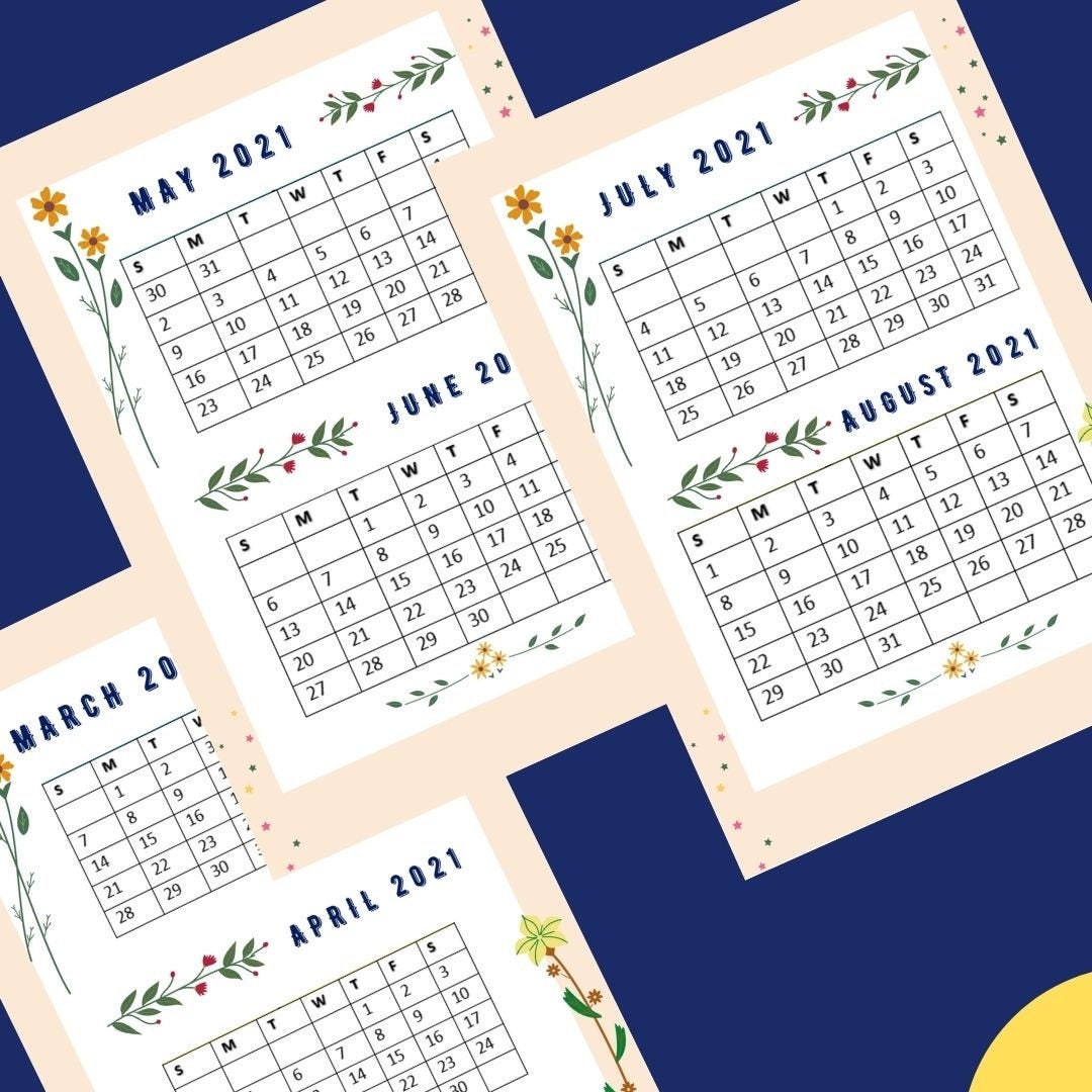 Druckbare April-Mai-Juni-Juli-Aug 2021 Kalender A4  Etsy