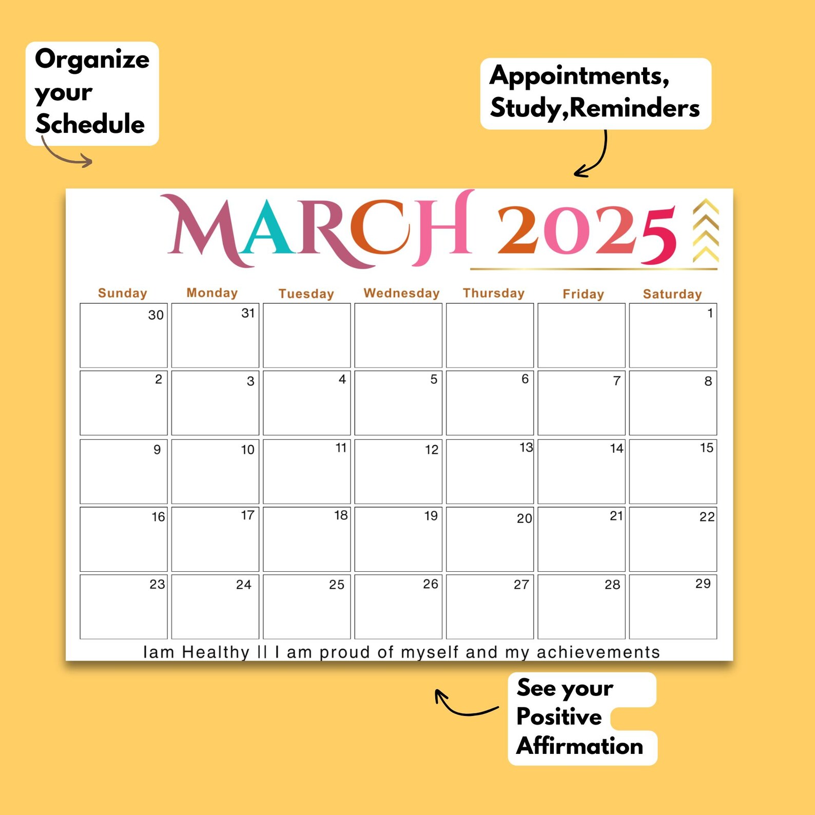 Calendar for March 2025,A4 Size,digital Download,pdf,new Year Calendar March Calendar 2025 Etsy