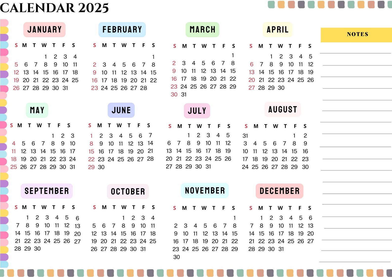 2025 Calendar,one Page Calendar,landscape,yearly Calendar,a4 Size