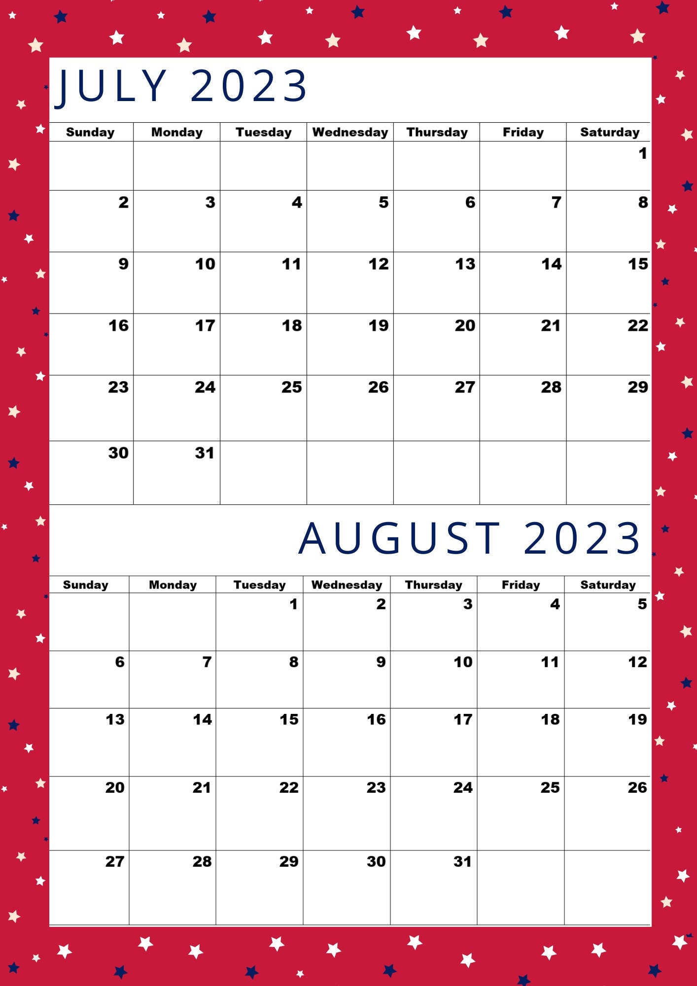 July 2023 Calendaraugust 2023 Calendartwo Month One - Etsy