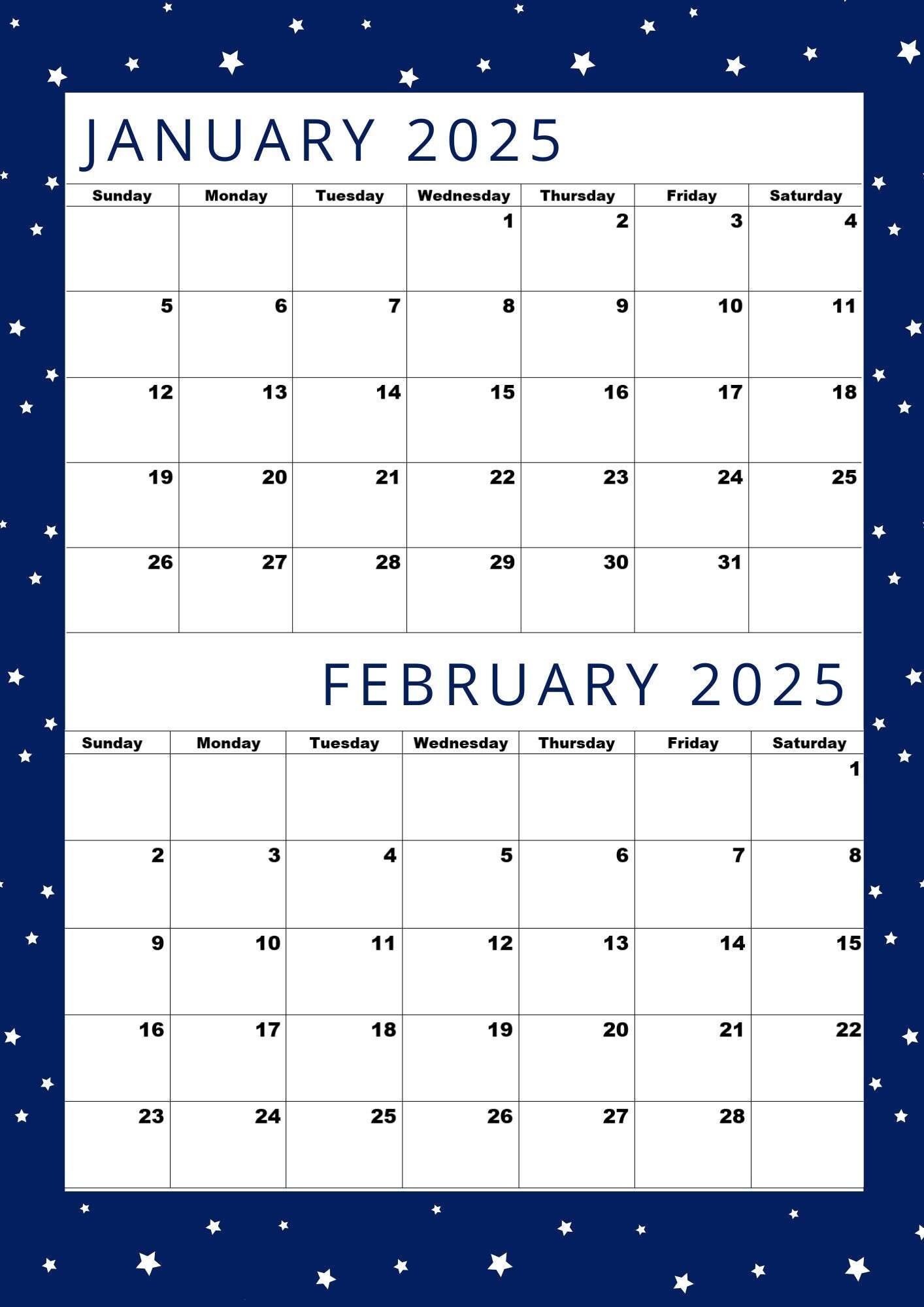 Calendar Printable for January 2025,calendar Printable for Feb 2025,A4 Siz,digital Download,pdf,printable Calendar 2 Months per Page,8.5 X11 - Etsy