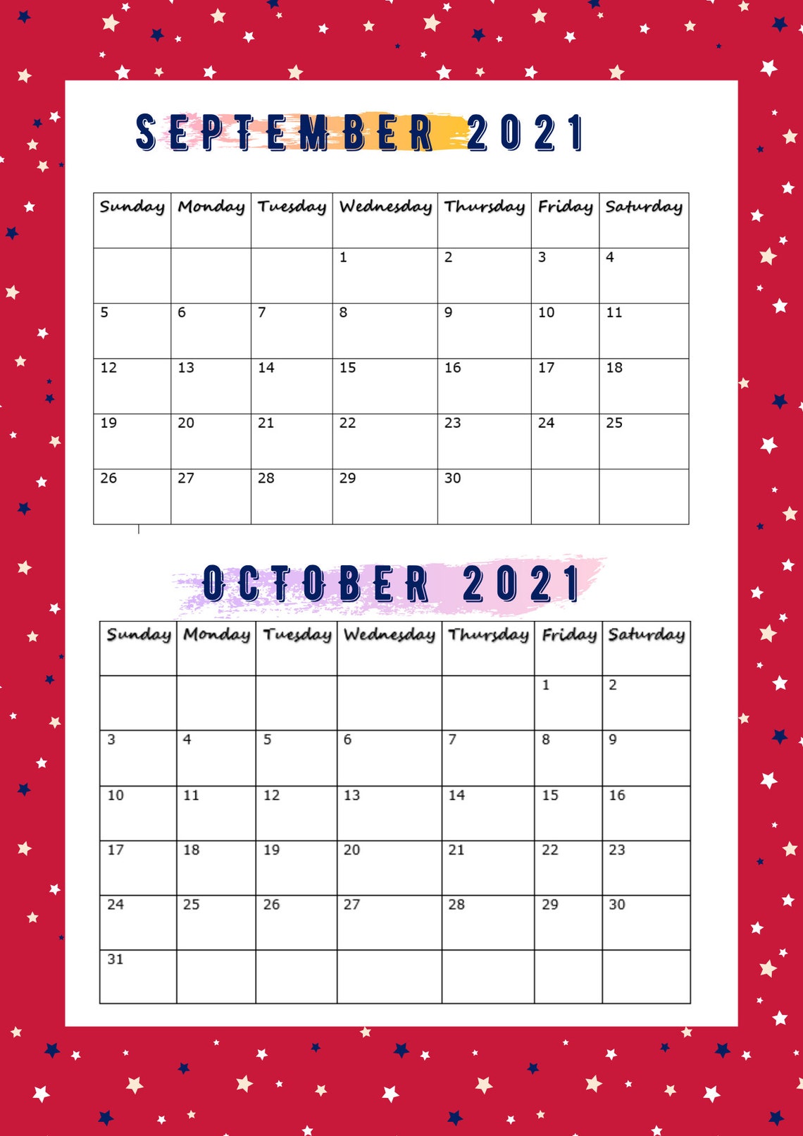 September October 2021 Calendar A4 Instant Download Red Etsy September October 2021 Calendar A4 Instant Download Red Etsy
