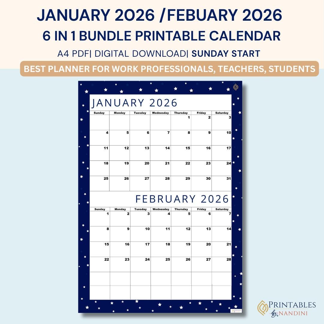 Druckbarer Kalender für Januar 2026 und Februar 2026, Sonntag Start, A4