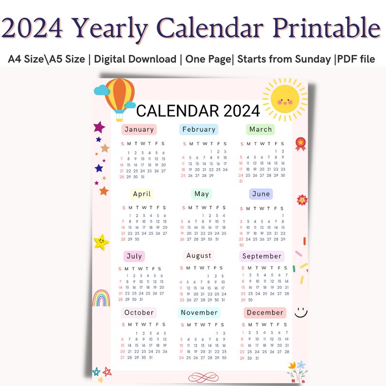Cute 2024 Calendar,colorful 2024 One Page Yearly Calendar,a4 Size,a5