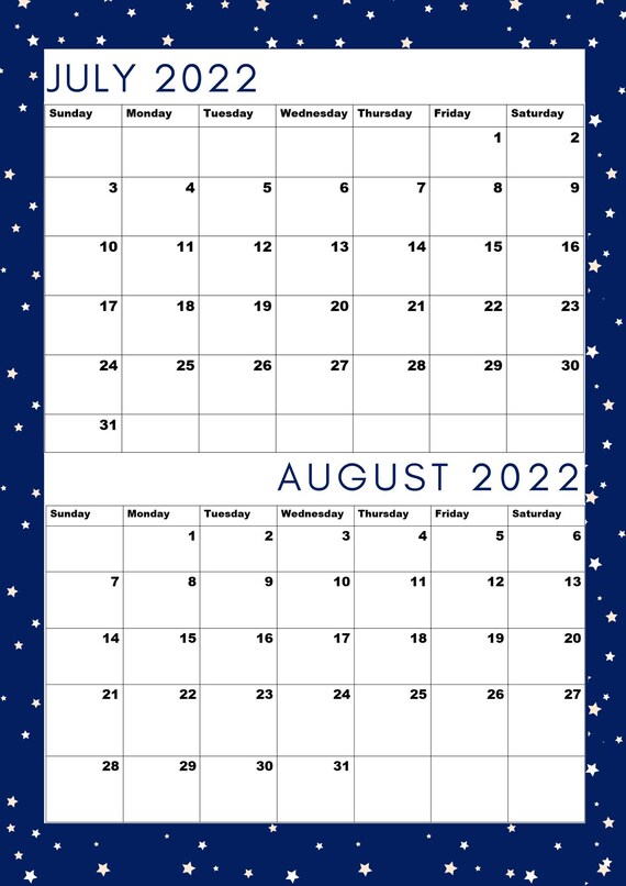 july 2022 calendar august 2022 calendar july 2022 printable etsy