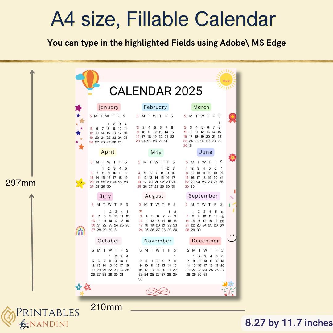 Printable 2025 Calendar-full Year on One Page-a4 PDF